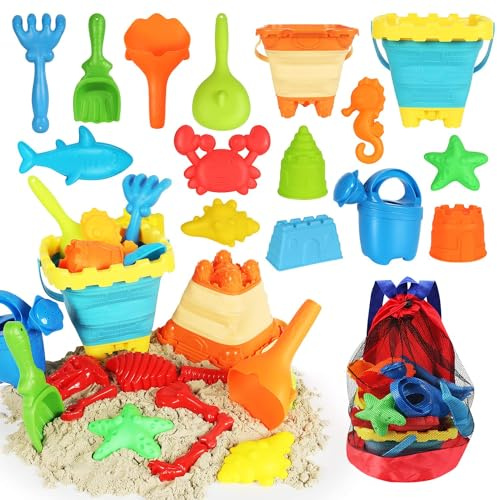 Elovien Beach Sand Toys Set, 24PCS Sandbox Toys with Mesh Backpack Bag Included 2 Foldable Buckets Pails, Sand Molds, Shovels, Rakes and Watering Can, Summer Outdoor Toys for Kids Toddlers Boys Girls