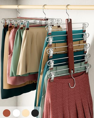 MORALVE Skirt Hangers Space Saving with Clips - 2 Pack - European Beechwood 5-Tier Hanger for Shorts, Skirts, and Trousers - Wardrobe Organizer and Storage Solution for Women with 360° Swivel Hook