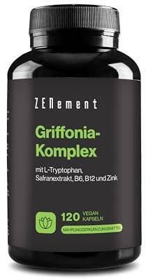 Griffonia Simplicifolia (30 % 5-HTP) avec L-Tryptophane, Extrait de Safran, Vitamines B1, B6, B12 et Zinc - Système Nerveux, Fonction Psychologique, Fatigue - 120 Gélules Véganes - Zenement