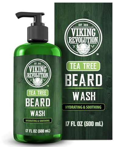 Viking Revolution Tea Tree Beard Wash for Men with Argan Oil and Ginseng Root Extract - Beard Softener and Strengthener Beard Shampoo with Olive Oil Beard Care to avoid Beard Dandruff and Itch (17oz)