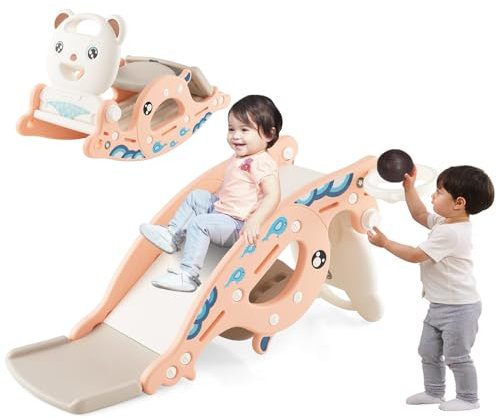 DREAMADE Toboggan Exterieur Enfant, 4 en 1 Cheval à Bascule Charge de 50 KG pour 3+ Ans, Jouet Amovible en HDPE avec Panier de Basket, Basket-Ball, Lancer d’Anneaux (Rose&Blanc, Ours)