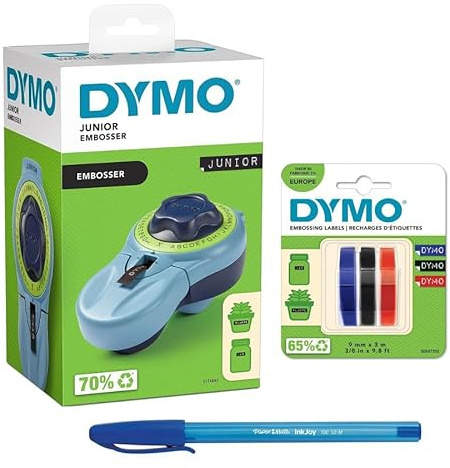 Dymo Junior etikettmaskin för hemmet | 42 karaktärshjul | Inga batterier krävs präglingstejp självhäftande (S0847750), 9 mm x 3 m, blandade färger och PaperMate penna