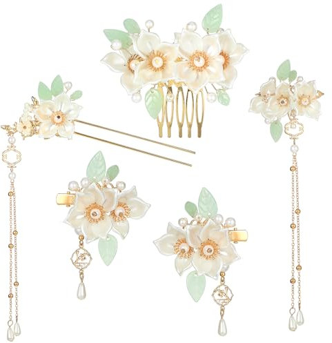 Amabro 5 Pièces hanfu accessoire cheveux mariage,bijoux cheveux,epingle cheveux femme accessoires cheveux mariage épingles à cheveux en forme de fleur chinoise Accessoires pour mariée traditionnelle