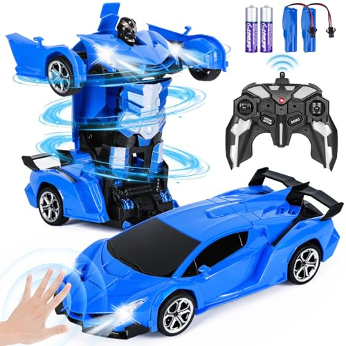 Highttoy Coche Teledirigido Robot Niños con Detección Gestos, Luz y Música, 2.4GHz 1:18 Coche Transformador Rotación Volteo de 360° Robot Juguetes Niños 3 4 5 6 7 8 Años, Azul