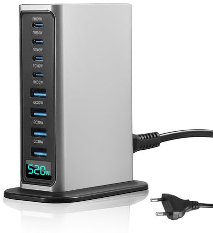 Cargador USB C múltiple de 520 W, 8 puertos, cargador rápido con 4 USB-C y 4 USB-A, compatible con estación de carga rápida, estación de carga múltiple para iPhone, iPad, Samsung, Pixel, ordenador