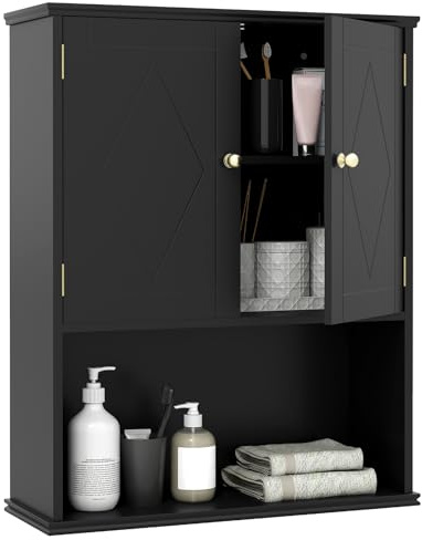 COSTWAY Bathroom Wall Cabinet, Wooden Over-The-Toilet Storage Cupboard with Double Door and Open/Adjustable Shelf, Wall Mounted Medicine Cabinet Bathroom Unit for Living Room Kitchen Laundry (Black)
