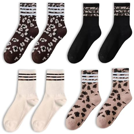 4 paia di calzini da donna, leopardato, da tennis, leopardato, con stampa leopardata, colore marrone, beige, per sneaker, con stampa leopardata, a righe