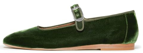 Zapatos Planos de Terciopelo Cómodos para Mujer,Elegantes Bailarinas con Correa ai Tobillo y Hebilla,Zapatos Estilo Mary Jane de Punta Redonda Cerrada para Fiestas y Bailes,Verde,36 EU