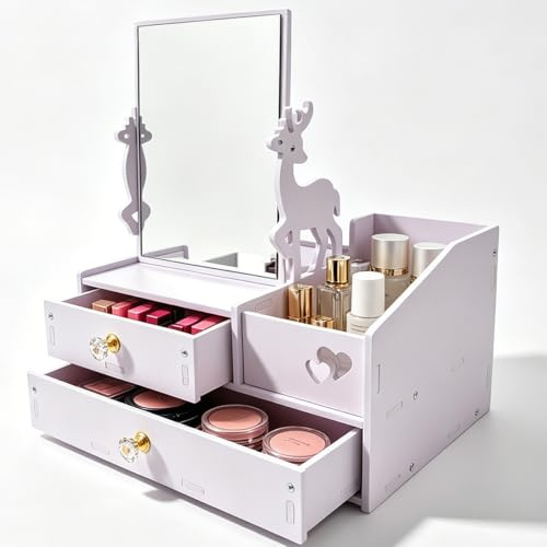 Dtenlur Organizador Multifuncional para Maquillaje con Espejo Cuadrado Gran Organizador de Cosméticos con Cajones Organizador de Maquillaje de Escritorio Organizador para Joyas Cepillos Pintalabios