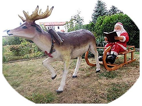 Rentier + Weihnachtsmann auf Schlitten XXL Buch lesend Dekofigur Weihnachten Feiertag Festtag