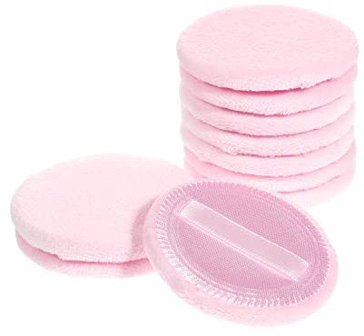 FRCOLOR 10Pcs Pink Powder Puff for Loose Powder Round Cotton Makeup Puff with Ribbon Strap for Face Body