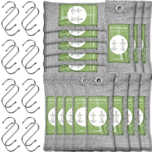 Paquete de 16 bolsas purificadoras de aire de carbón de bambú, bolsas de carbón activado absorbente de olores, absorbente de humedad, ambientador natural para automóvil, desodorante para (16x50g)