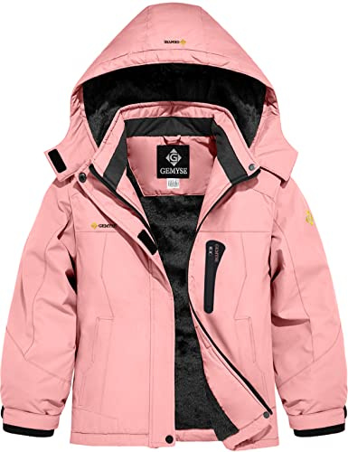 GEMYSE Veste de Ski Hiver pour Fille Enfant Blouson Chaud Imperméable Coupe-Vent avec Capuche et Doublure Polaire pour Neige de Montagne(Rose,128-134)