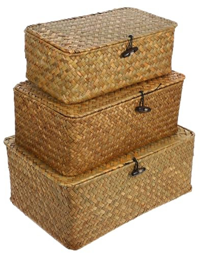Boîte De Rangement Tressée En Jonc De Mer：3 Pièces Panier Rangement Osier Boîte De Rangement En - Rotin Avec Un Couvercle Pour Chambre à Buanderie Salon Balcon Coucher Cuisine