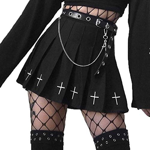 DINGJIUYAN Punk Cross Print Dark Mini Skirts Chain Belt Black Uniform Pleated Skirt Mini Skirts Small