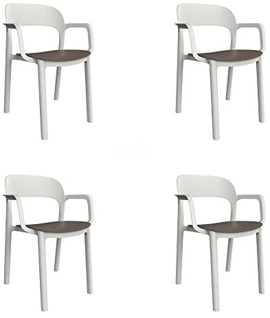 GARBAR ONA Set 4 Silla con Brazos Interior, Exterior | jardín, terraza, balcón, Salon, Cocina, Comedor | diseño, Ligero, apilable | Blanco - Chocolate