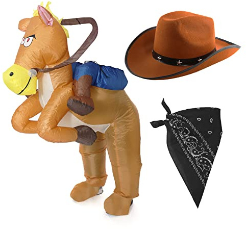 Cowboy maskeraddräkt för vuxna – uppblåsbar ridhäst, cowboyhatt och svart paisley-bandana