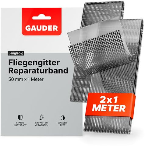 GAUDER Fliegengitter Reparatur Klebeband - Insektenschutz Reparatur Set aus Glasfaser selbstklebend - Reparaturpflaster für Fliegengitter Tür und Fenster (2 Stück je 1 m x 50 mm - schwarz)