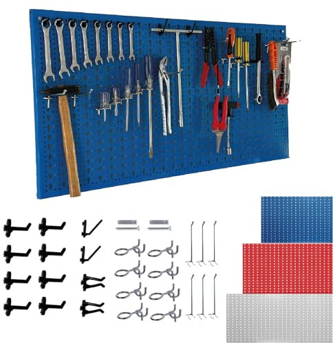Crisalide® Pannello Portautensili Forato Porta Attrezzi, Rastrelliera Organizzazione Officina, Garage, Negozio, 50 * 100 CM, Rastrelliera Con Ganci Assortiti (Blu)
