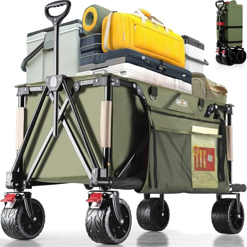 Overmont Carro Playa Plegable - Carrito de Jardín Todo 150L 150 kg con Mango Ajustable - Ruedas Grandes Todo-Terreno - con Bolsillo Lateral Portavasos - per Camping Compras Deportes