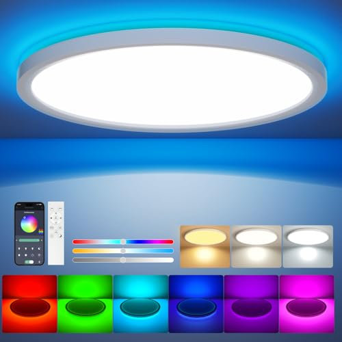 Aphyni LED Deckenleuchte Dimmbar mit Fernbedienung,24W RGB Farbwechsel Deckenlampe Rund Flach Deckenbeleuchtung,3000K-6500K,App Intelligente Steuerung,für Schlafzimmer Küche Wohnzimmer