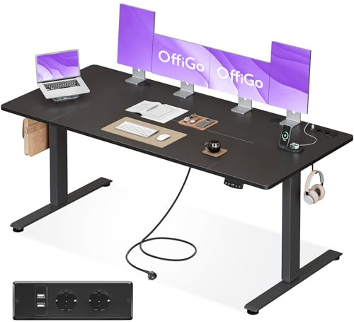 OffiGo Höhenverstellbarer Schreibtisch, 180x80cm Elektrischer Schreibtisch mit Steckdosen und USB Ladeanschluss, Tisch Höhenverstellbar mit 2 Memory Funktion, Computertisch für Büro, Zuhause, Schwarz