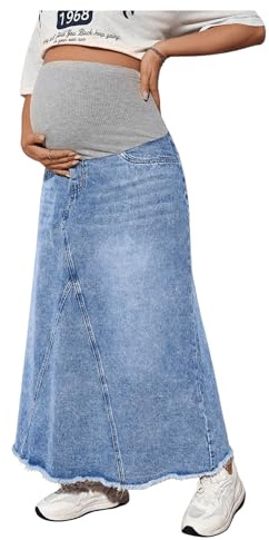 MakeMeChic Women's Maternity Jean Denim Maxi Skirt Pregnancy High Waisted A Line Adjustable Waist Long Skirts Multicolor Large