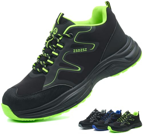Safety Trainers Men Womens Safety Shoes Lightweight Steel Toe Cap Trainers Breathable Comfortable Work Shoes Non Slip Safety Boots Construction Industrial, Green, UK 12