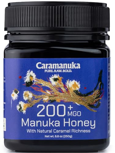 Caramanuka Miele di Manuka MGO 200 – 100% miele australiano crudo e non filtrato, testato in laboratorio indipendente per MGO e glifosato, sapore audace simile al caramello, 250 g