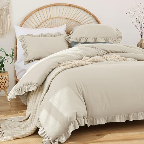 Covebett Housse de Couette 140x200 cm Beige avec Volant Romantique Parure de lit Unie 2 Pièces à Volants 1 Personne en Microfibre Linge de lit avec Fermeture Éclair et 1 Taies d'oreiller 65x65cm
