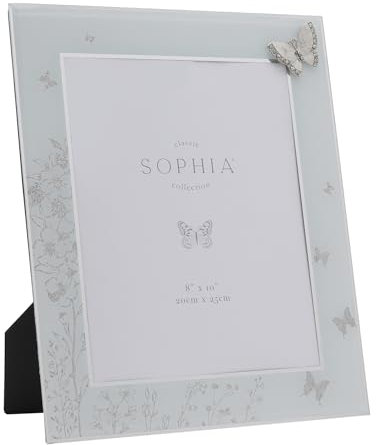 Sophia - Classic Silver Butterfly Glass Picture Frame Vertical Single Aperture - 8 x 10 - Self Standing Photo Frame With Easel Back - Contemporary Homeware & Gifting - H: 33cm x W: 28.