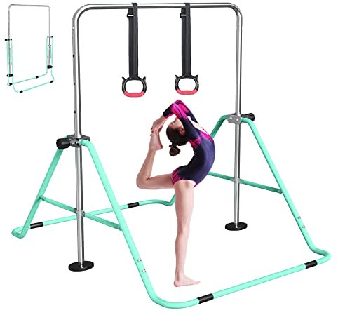 FBSPORT Barre de Gymnastique Enfant Pliable avec Hauteur Réglable Et Anneaux, Barre de Gym Intérieur Exterieur pour Junior Enfants à Domicile
