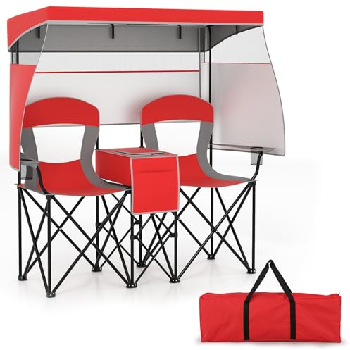COSTWAY Double Folding Camping Chair with Canopy, Outdoor Portable Loveseat with Armrests, Cup Holder and Carrying Bag, Garden Patio Fishing Seaside Beach Picnic Chairs (with Roll-up Shade, Red)