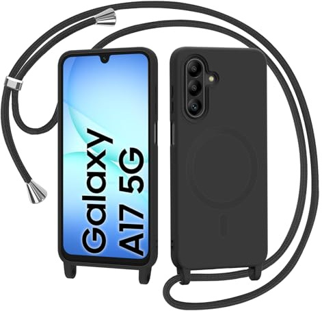 AOMYKE Magnética Funda para Samsung Galaxy A17 5G con Cuerda, Compatible con Magsafe Silicona Carcasa con Cordón Correa Colgante Ajustable Collar Correa Teléfono Case Cover, Negro