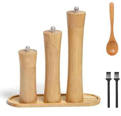 Neikafan Kryddkvarn-set 3 delar med träbricka, manuell keramisk kvarn med justerbar, salt och pepparkvarn, chilikvarn, presentset för kök (15–20 cm inkl. 2 rengöringsborstar och träskedar)