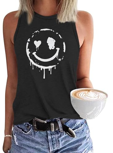 PLOKNRD UK Women's Summer Tank Tops Black White Smiley M