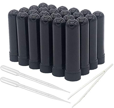 ZIOJOVK Essential Oil Aromatherapy Blank Nasal Inhaler Tubes (Includes 24 inhalers+36 unscented Wicks+2 Plastic Droppers+1 Plastic Tweezers)-Black.