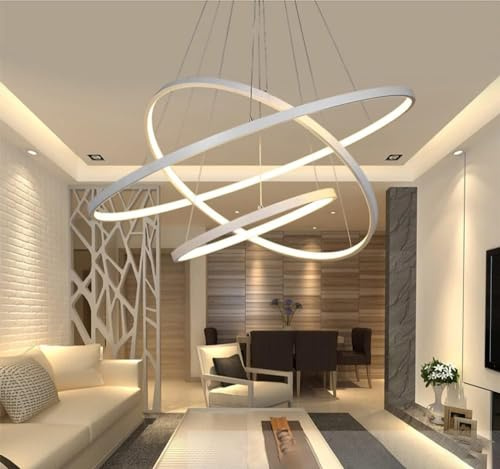 ANZHUANG LED-ljuskrona vardagsrum taklampa kreativ rund 3 cirkel design pendellampa, dimbar med fjärrkontroll 3 000 K-6 500 K, akryl sovrum kök kontor dekorationslampor 76 W, vit