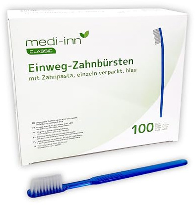 Medi-Inn - Spazzolini da denti monouso con dentifricio, confezione da 100 pezzi, igienici singolarmente, blu