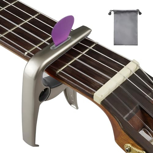 Musiin 3in1 Gitarre Kapodaster Zinklegierung Metall Kapodaster für Akustik und E-Gitarre, Ukulele, Mandoline, Klassikgitarre Zubehör (Champagner Gold/Grau)