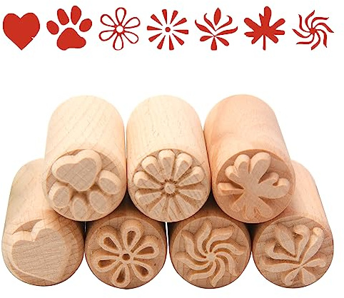 ixfolo 7 Pcs Wood Block Stamps Wooden Pottery Tools Stamps Column Wood Stamps Natural Wood Stamps with Flower & Paw Shaped for Clay,Scrapbook,Card Making,Crafts