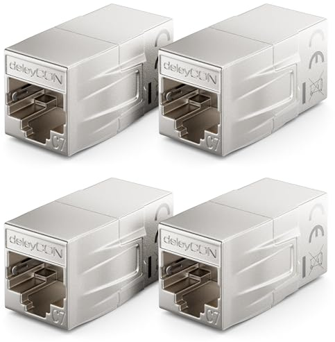 deleyCON 4 Stycken RJ45 Koppling CAT 7 (10Gbps, 600MHz) Kontaktdon CAT7 Förlängningskabel Ethernet-Adapter Metall Kompatibel med Cat8, Cat7, Cat6, Cat5 Patchkabel LAN DSL POE 2x RJ45-Uttag, Silver