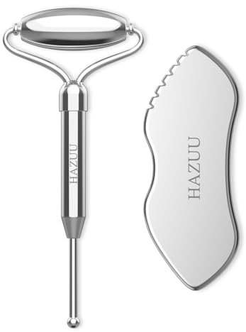 HAZUU Edelstahl Gua Sha & Gesichtsroller - Metallroller für Augen & Nacken, Anti-Aging Gesichtsmassage-Tools, Gua Sha Gesichtswerkzeug-Set (JGS-2)
