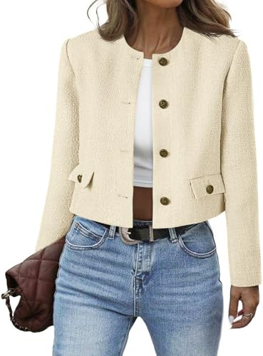 Cicy Bell Womens Cropped Tweed Blazer Collarless Button Down Long Sleeve Short Suit Jackets Business Casual Fall Coats Beige