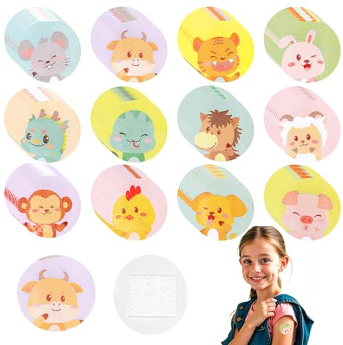 120Pcs Cute Kids Bandages 12 Styles Cartoon Animal Pattern Bandaids Variety Pack, 0.9In Round Vaccination Bandage Adhesive Plaster Dot, Kids Bandaids for Small Wounds, Pimples, Vaccination