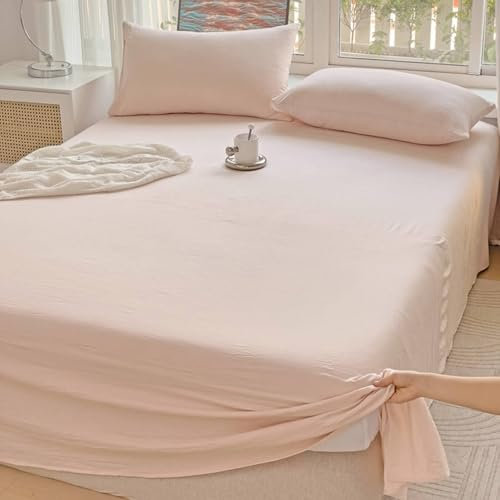 Mesnt Bettlaken ohne Gummizug, 160x230cm Einfarbig Betttuch aus Gewaschene Baumwolle Matratzenschoner, Hellrosa