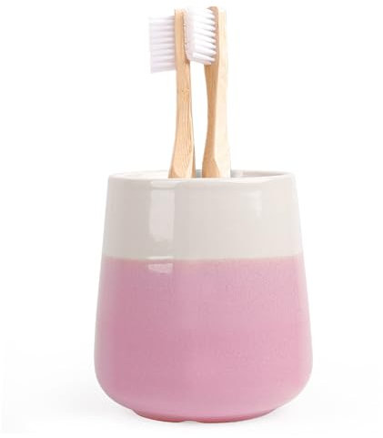 Autumnlife Zahnputzbecher Rund Zahnbürstenhalter, 350 ml Zahnbürstenbecher Tassen Badezimmerbecher aus Keramik, Rosa Zahnbecher geeignet für Zahnbürste, Zahnpasta, Rosa & Beige