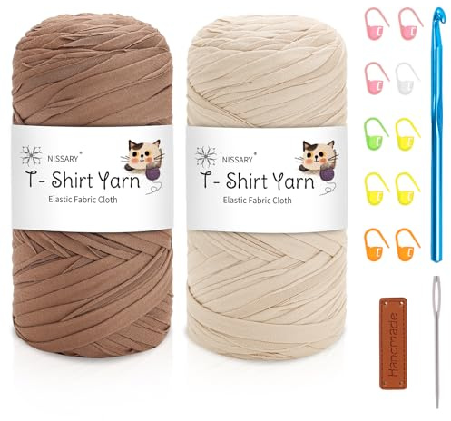 Nissary T Shirt Yarn for Crocheting 2 Pack 200g - Crochet Yarn Thick Includes 10mm Hook & Accessories - Ideal for DIY Tote Bags, Cushions, Chunky Blankets & Home Decor Projects