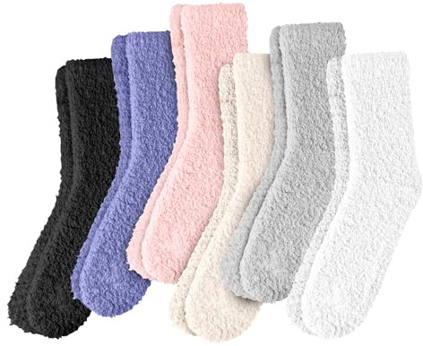daqoupzi 6 pares de calcetines de peluche para mujer, 35-38/39-42, mullidos calcetines de dormir para mujer, Navidad, calcetines fuzzy stoppersocken negro, gris claro, blanco, beige, lila, polvo de