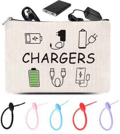 Chargers Organiser Set for Women Men Canvas Storage Pouch for Charging Cables Plugs Storage Bag with 5 Silicone Cable Ties Orgainser for Travel Home Charger Toiletry Makeup Bag with Zipper
